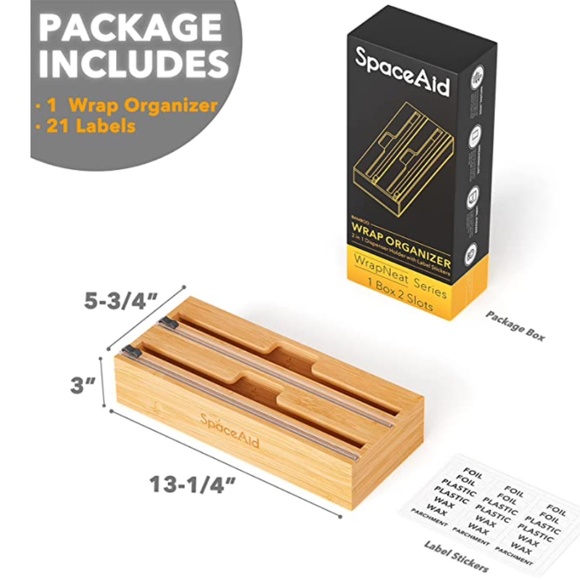 NEW 2 in 1 Wrap Dispenser Bamboo Roll Organizer with Cutter and Labels - Picture 2 of 3